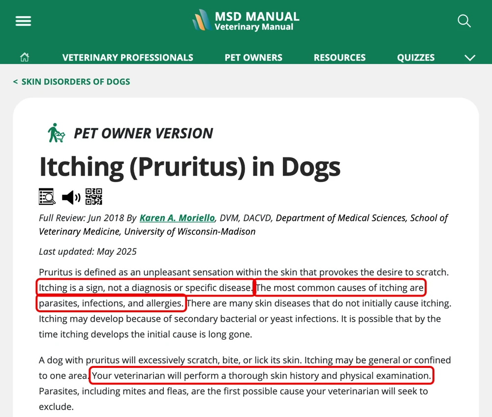머크 수의학 매뉴얼 보호자용 ‘Itching (Pruritus) in Dogs’ 화면, 빨간 박스 세 곳