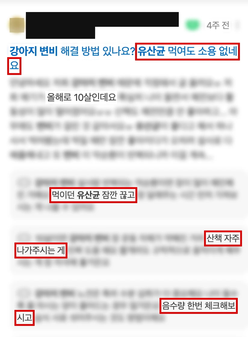 네이버 모바일 검색 카페 칸의 글 카드, 제목의 유산균 먹여도 소용 없네요와 댓글 세 개의 한 구절씩에 빨간 박스, 카페 이름은 검은 막대, 나머지 글자는 흐림