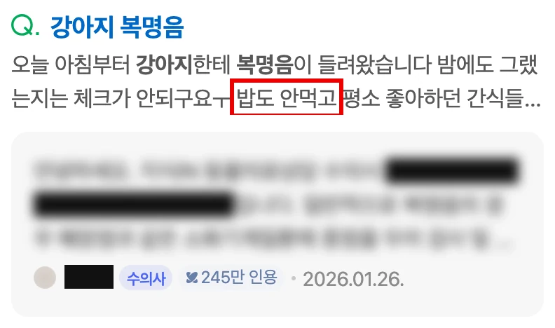 네이버 지식iN 질문 카드, 배 소리와 함께 밥도 안 먹는다는 구절에 빨간 박스, 답변한 수의사 이름은 검은 막대, 답변 글은 흐림