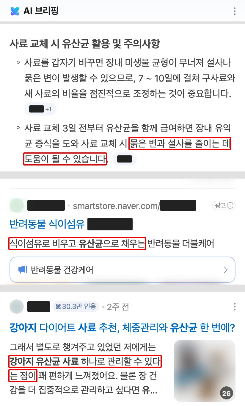 네이버 모바일 검색 화면 세 곳을 이어 붙인 캡처. AI 브리핑의 ‘묽은 변과 설사를 줄이는 데 도움이 될 수 있습니다’, 맨 위 광고의 ‘식이섬유로 비우고 유산균으로 채우는’, 인기 글의 ‘강아지 유산균 사료 하나로 관리할 수 있다는 점이’에 빨간 박스. 회사·글쓴이 이름과 사진은 가림