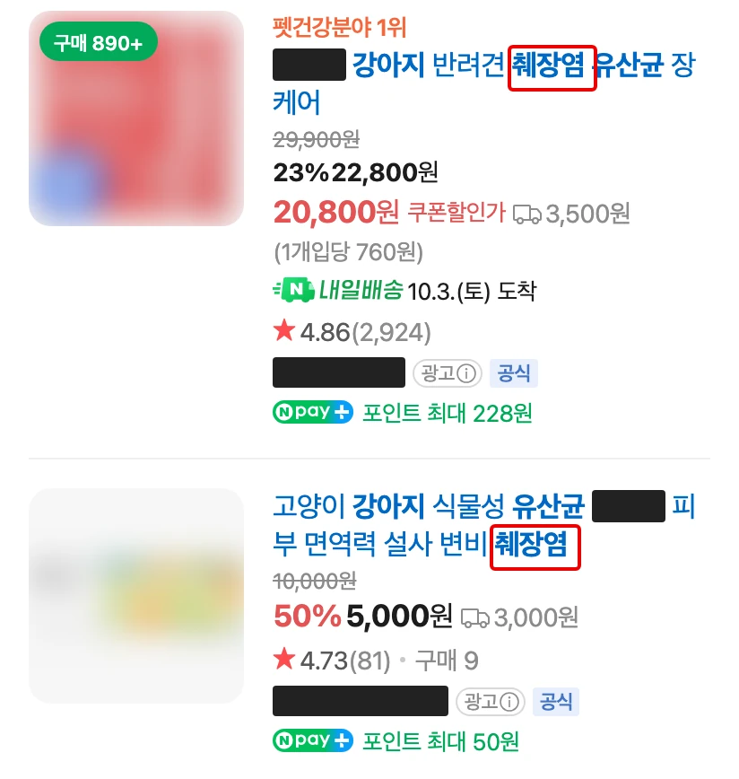 같은 검색의 쇼핑 칸 상품 두 개. 판매처·제품 이름과 상품 사진은 가렸고 상품 이름 속 ‘췌장염’ 세 글자에만 빨간 박스