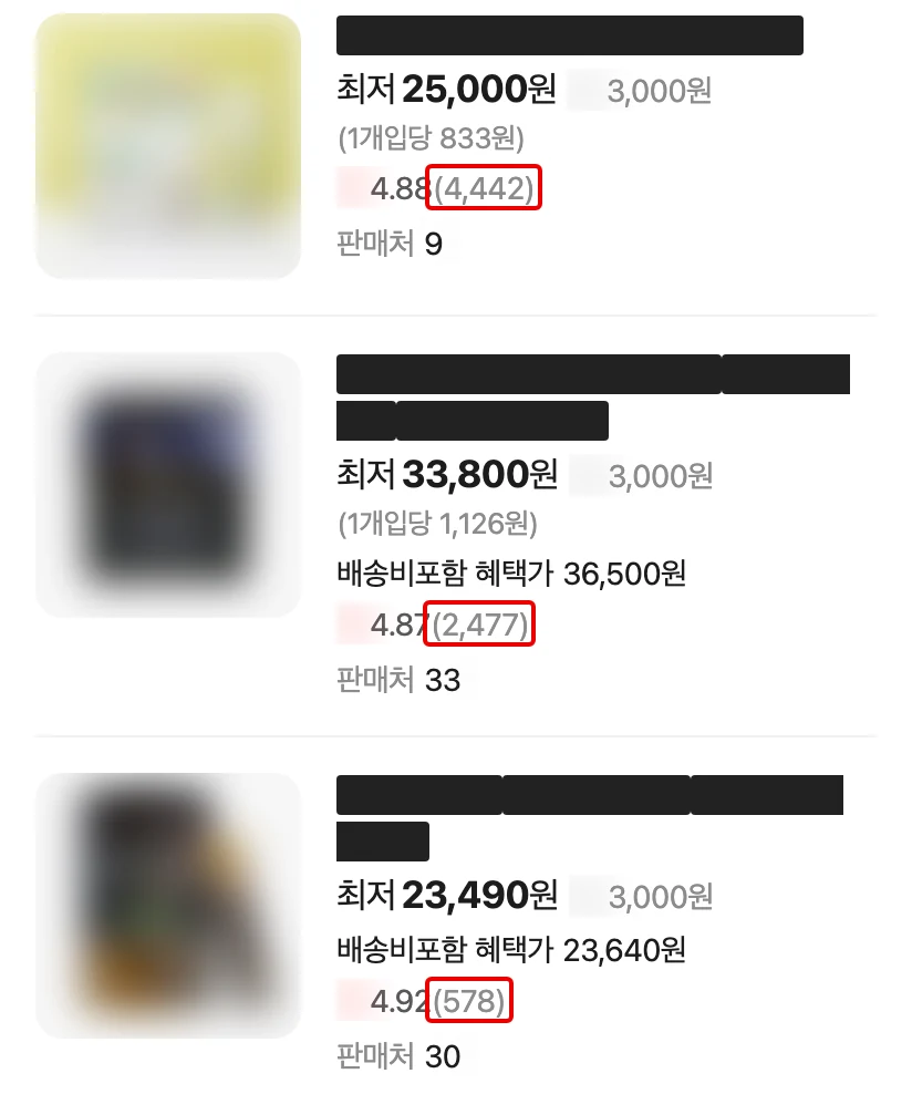 네이버 모바일 쇼핑 칸 가격비교 상품 셋. 상품 이름은 검은 막대, 사진은 흐림, 후기 수에 빨간 박스