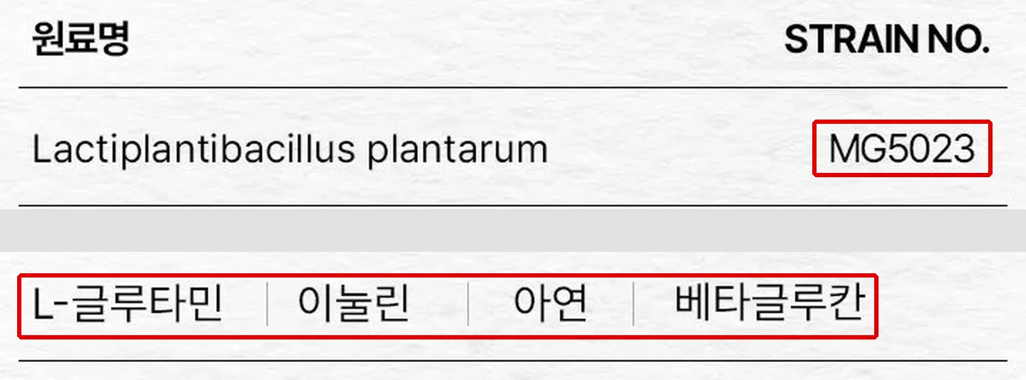 ๋ฎค์ฝ์ฌ์ผ์ด ๊ณต์ ์๋ฃํ์ ๋จธ๋ฆฌ์ค(์๋ฃ๋ช
ยทSTRAIN NO.)๊ณผ Lactiplantibacillus plantarum MG5023 ์ค, ํ์ ๋ ์๋ ์๋ฃ๋ช
์ค(L-๊ธ๋ฃจํ๋ฏผยท์ด๋๋ฆฐยท์์ฐยท๋ฒ ํ๊ธ๋ฃจ์นธ), MG5023๊ณผ ์๋ฃ๋ช
์ค์ ๋นจ๊ฐ ๋ฐ์ค