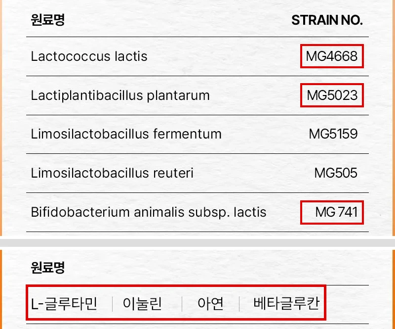 뮤코사케어 공식 원료표 균 다섯 줄과 원료명 줄, MG4668·MG5023·MG 741과 원료명 줄에 빨간 박스