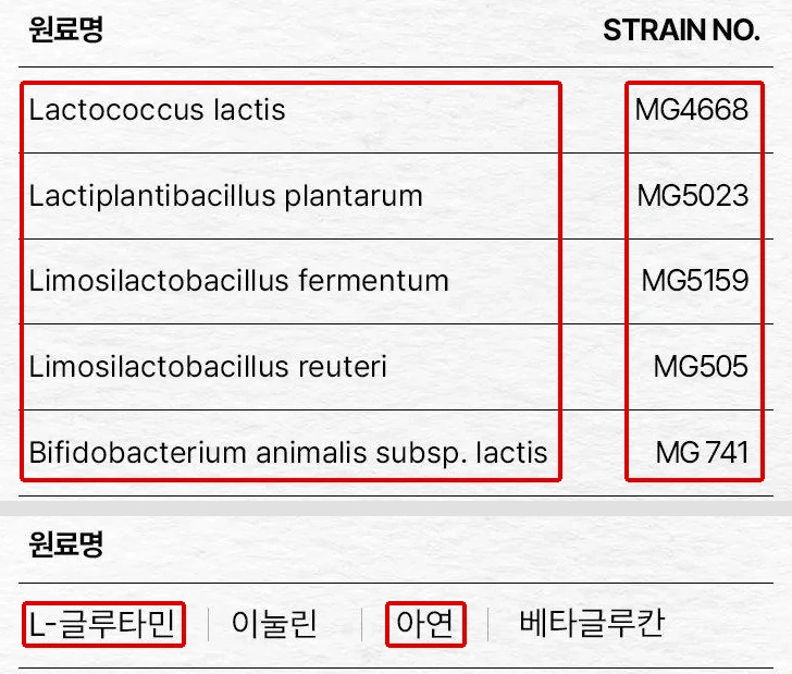 뮤코사케어 공식 상세 원료표. 영문 학명 다섯 줄과 번호 열, 아래 원료명 줄의 L-글루타민과 아연에 빨간 박스