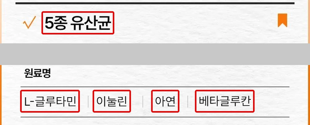 뮤코사케어 공식 원료표의 5종 유산균 칸 이름과, 회색 띠 아래 원료명 줄의 네 이름에 각각 빨간 박스