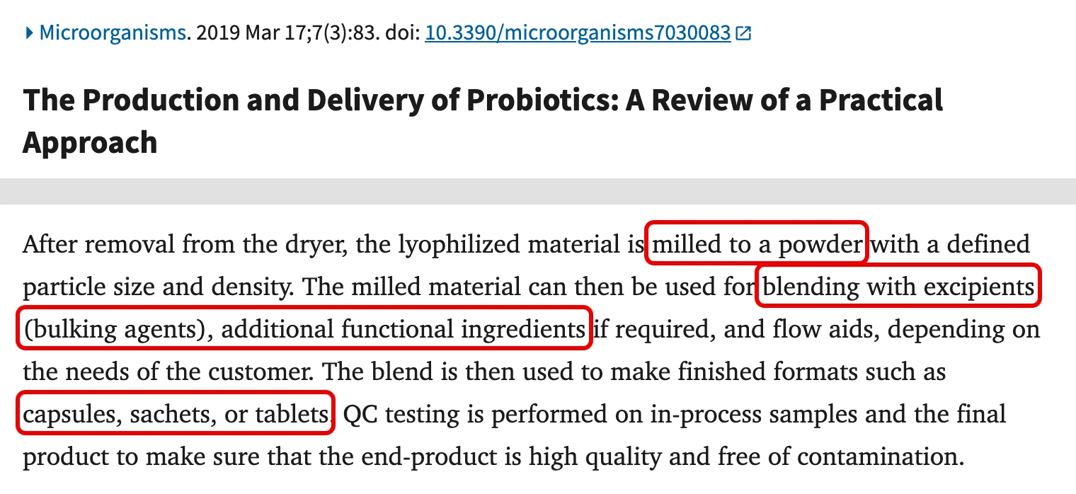PubMed Central 논문 화면, 가루로 간다·채움 재료와 추가 기능 원료와 섞는 데 쓸 수 있다·캡슐 포 알약 구절에 빨간 박스