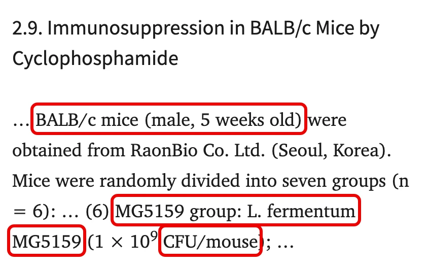 Kim 외(2023) 논문 방법 2.9절 일부. BALB/c mice (male, 5 weeks old), MG5159 group, CFU/mouse에 빨간 박스