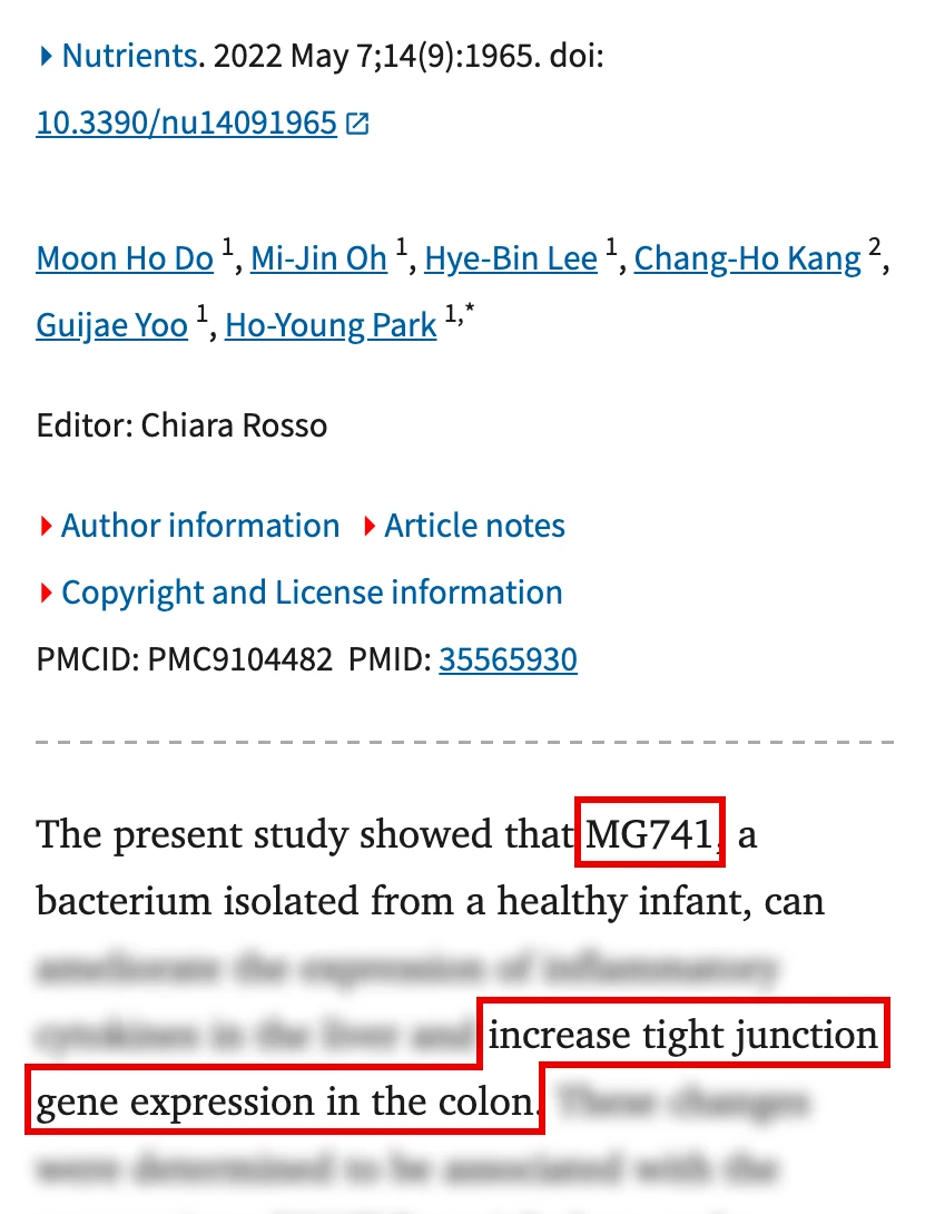 Do 외 2022년 Nutrients 논문 PubMed Central 화면. 학술지 머리줄과 저자 아래 고찰 끝 문단에서 MG741과 대장 세포 이음 유전자 구절에만 빨간 박스, 간 구절과 뒤 문장은 흐림