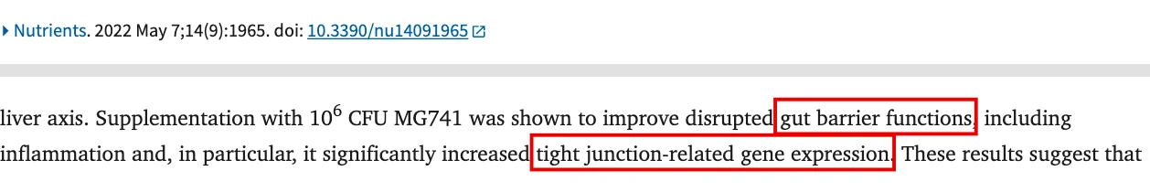 Do 외(2022) Nutrients 논문 고찰 두 줄, gut barrier functions와 tight junction-related gene expression 구절에 빨간 박스