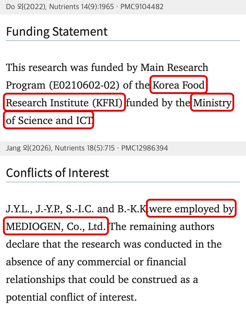 Do 외(2022) 논문의 Funding Statement와 Jang 외(2026) 논문의 Conflicts of Interest 화면, 연구비를 낸 기관과 MEDIOGEN 고용 구절에 빨간 박스