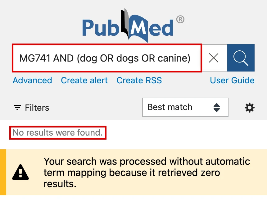 PubMed 검색창에 MG741 AND (dog OR dogs OR canine)을 넣은 화면, No results were found에 빨간 박스