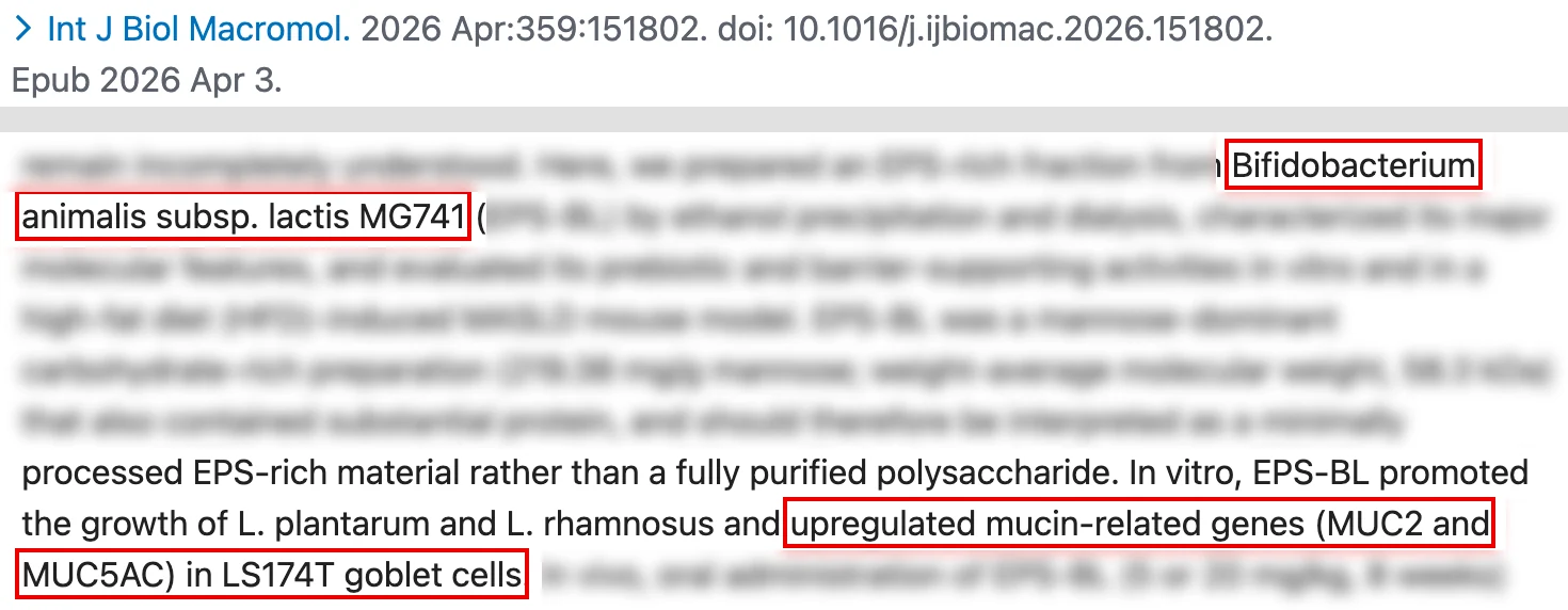 PubMed 초록 화면, MG741 이름과 점액 관련 유전자 구절에 빨간 박스