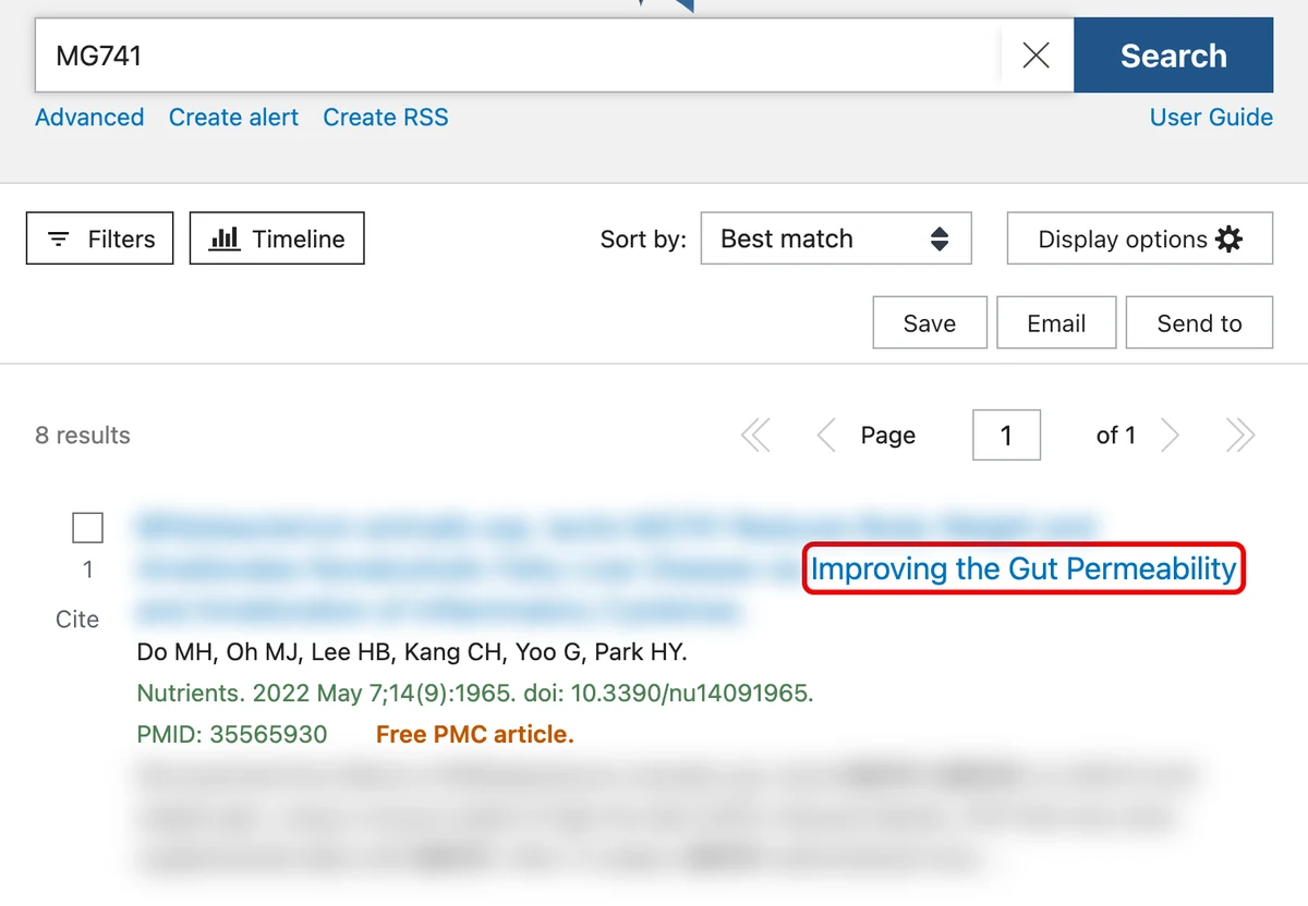 PubMed에서 MG741을 검색한 결과 화면. 8 results 아래 첫째 논문만 남기고, 제목 속 Improving the Gut Permeability에 빨간 박스, 제목 나머지와 요약은 흐림