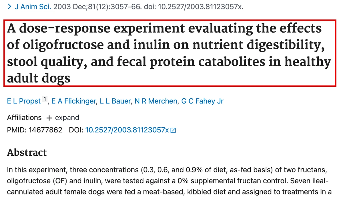 건강한 성견의 이눌린 급여 연구 PubMed 화면